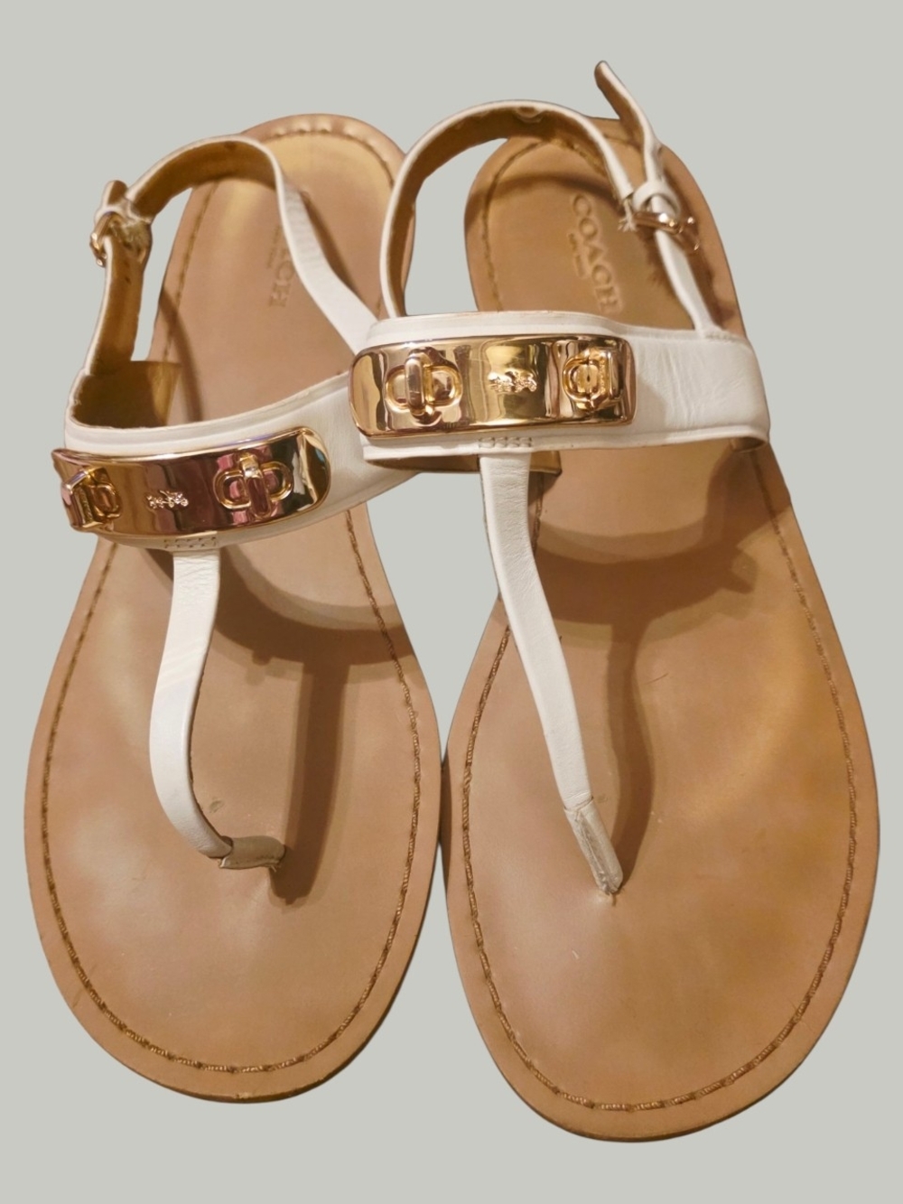 Coach White Leather T-Strap Sandals with Gold Hardware
